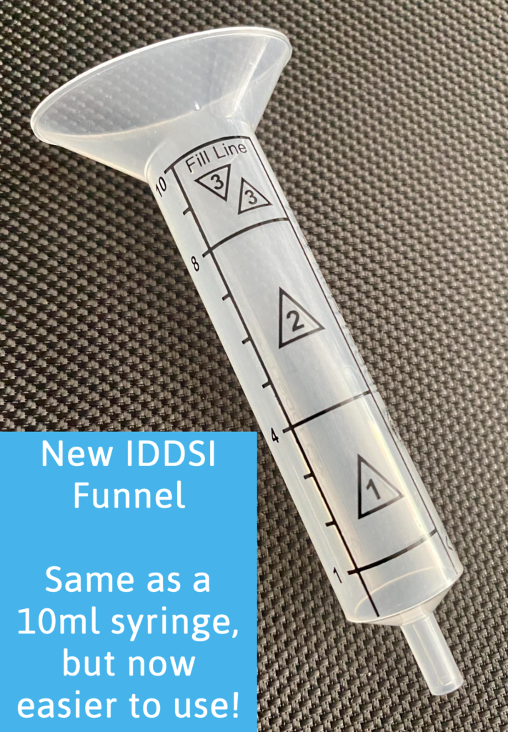IDDSI Funnel for IDDSI Flow Test. Similar to the 10ml syringe, but the top is wider for easy pouring into the syringe. Markings on the side for testing IDDSI levels 1, 2, 3. 