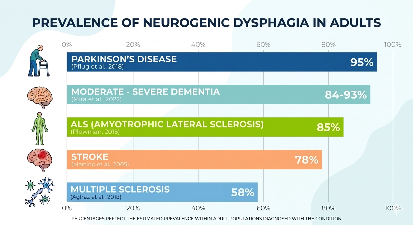 neurogenic dysphagia prevalences for Parkinson's Disease, ALS, Dementia, Stroke, and Multiple Sclerosis. Estimates and citations included.