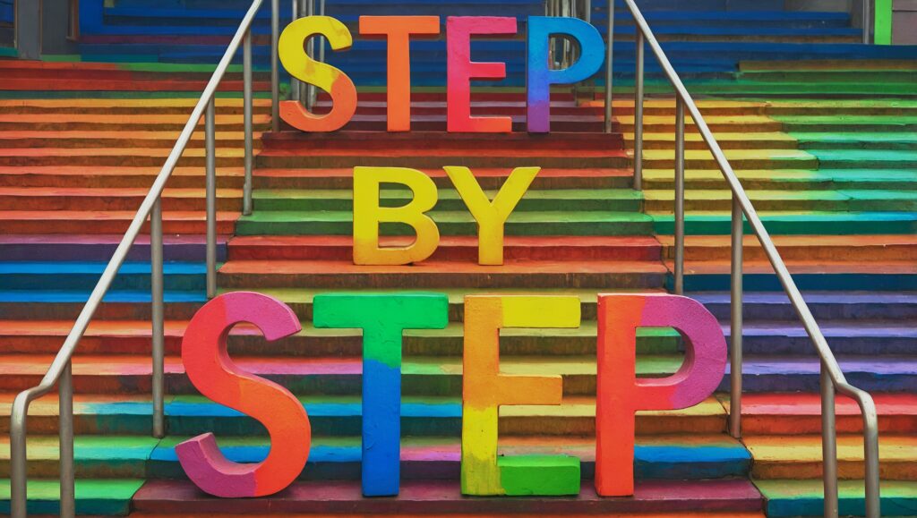 this shows a colorful staircase, saying step by step. People with dysphagia from head and neck cancer may take each day one step at a time. Additionally, the SLP (dysphagia clinician) can help you step down or step up the challenge of foods and liquids through your chemoradiation and beyond. 