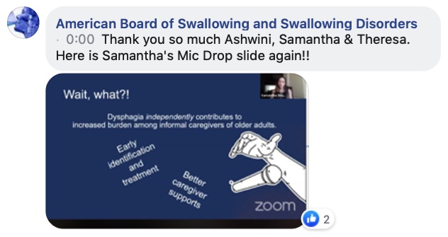 Dr Samantha Shune's slide of her key points in raising #dysphagiaawareness and early dysphagia identification and treatment.