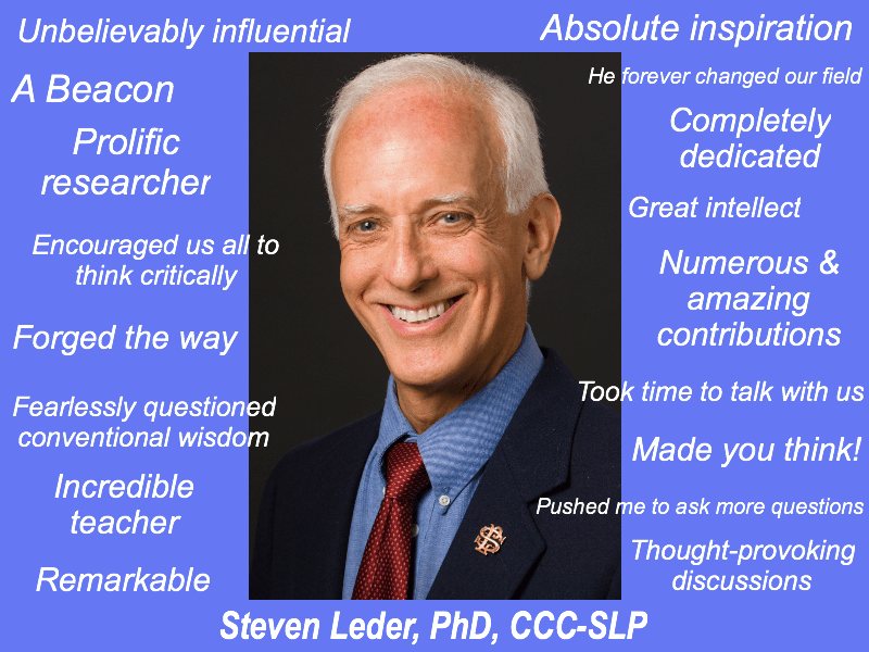 Photo of Steven Leder, PhD, CCC-SLP, formerly of Yale School of Medicine, surrounded by words from fellow Speech-Language Pathologists to honor his contribution to the field.