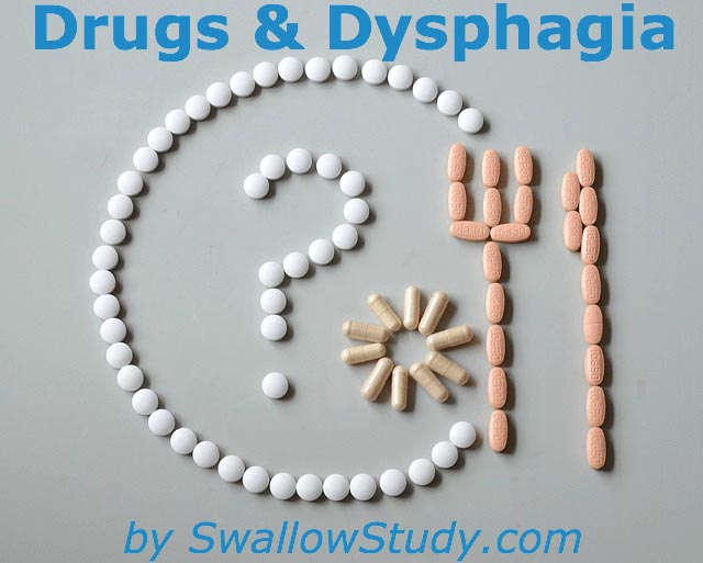Plate, fork, knife outline with pills. Represents how medications (various drugs) can affect a person's ability to eat and swallow safely, causing drug-induced dysphagia.